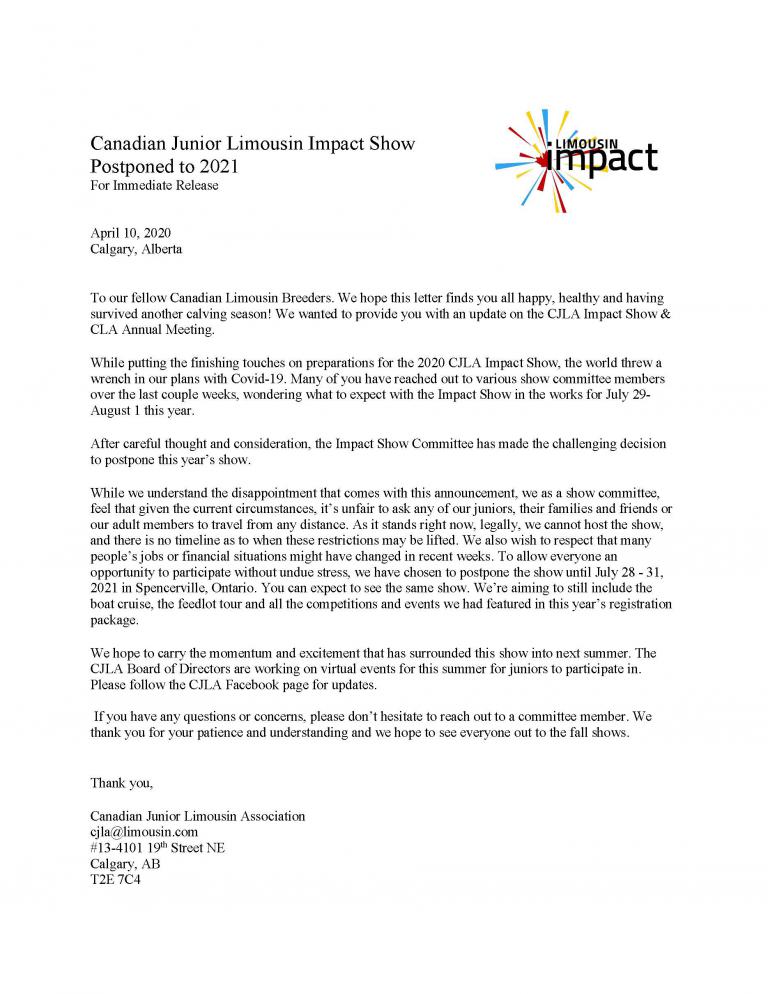 CJLA Impact Show Postponed to 2021