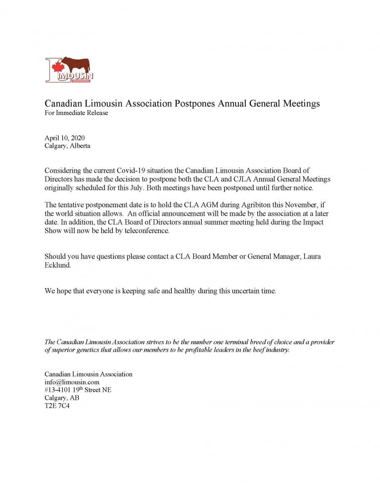 CLA Press Release 2020 AGM Postponed